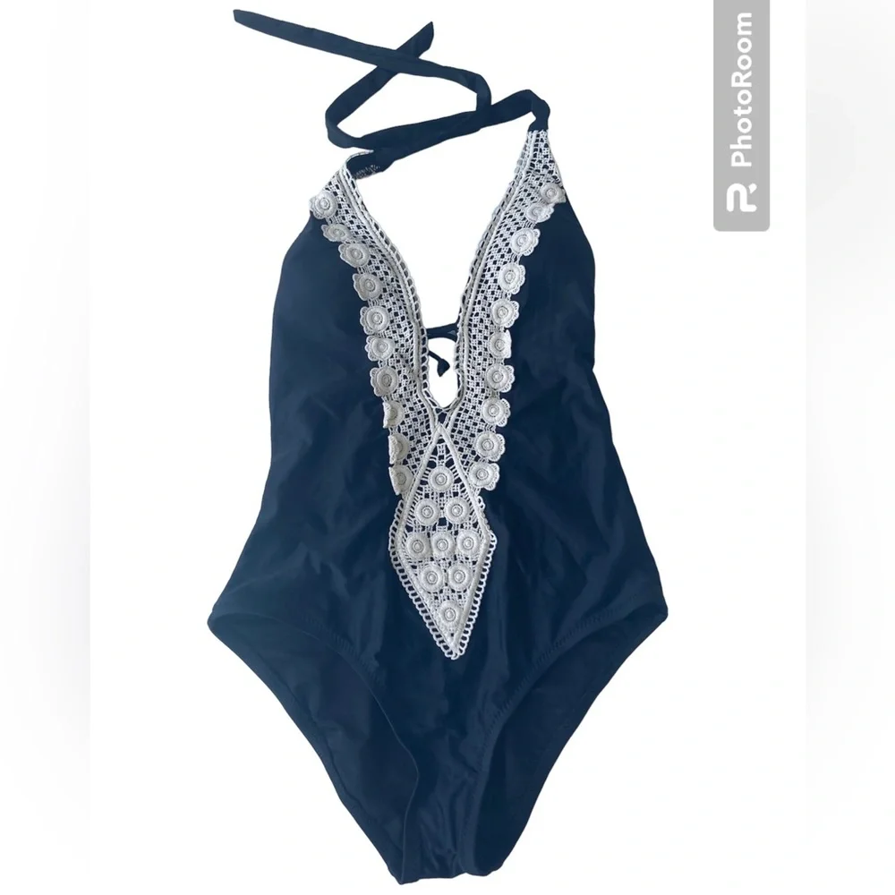 Kona Sol Women's Black Lace Trim Plunging One 1 Piece Swimsuit Halter NWT Small
